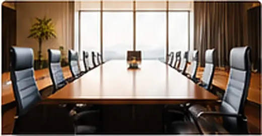 Empty boardroom table with city view